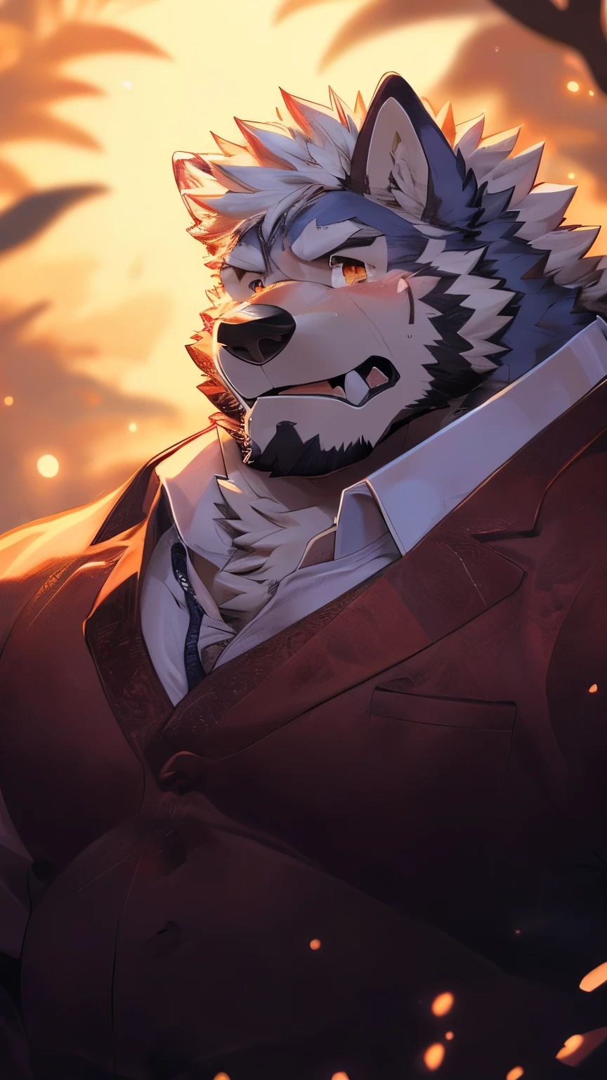 human nature, wild animals, male, 36 years old,uncle,solitary, ((Round Face, The face is plump, Orange Eyes, Thick white hair,Scars)), ((Endomorph, Handsome,Hot Blood)), (Mecha suit,no electricity,exhausted), ((domestic white wolf, Wolf Orc) Fluffy fur, Fluffy, White Stripes), (wolf print), Bokeh, (high quality, high resolution, masterpiece), (Dynamic Lighting, Vibrant colors), (Cry,Close your eyes,Lots of tears,blush), Detailed teeth, Full body pictures (Vision), cartoon, author:Takemoto Arashi, From Zixiong, author:Chunni, author:Ethereal,(background:Rainforest)