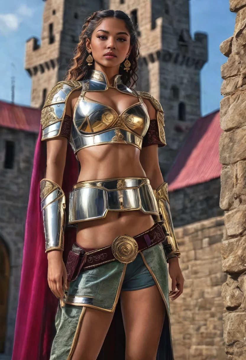 ((best quality)), ((masterpiece)), (detailed), (realistic), (photoreal), 1girl, (full body image), (Proportionate body), (clothing details), (beautiful face), (vibrant colors), (sexy action pose), (side view), (back view), human, female, athletic thin body, tan skin, Puerto Rican, black wavy curly hair in ponytail, (small gold earrings), princess, sexy armor, sexy clothing, Volumetric Lighting, Reflections, Glossy, sexy toned butt, looking at viewer, purple and gray clothes, castle background, (dull green eyes), (revealing clothing), barely clothed, thong, see-through, smirk