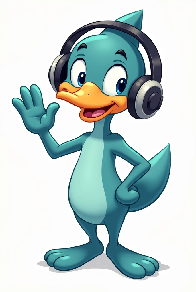 A blue Perry the Platypus wearing headphones is smiling and raising his right hand as he says goodbye