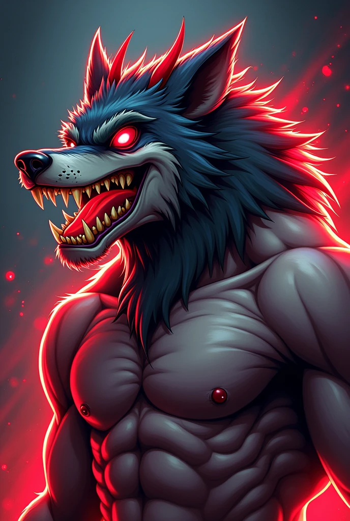 cartoon wolf devil face , shirtless, muscular,