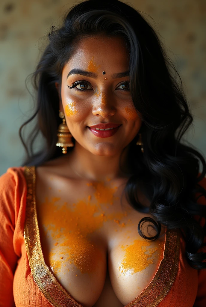 South Indian plus sized women, (cum Splash on her breasts and nipples, cum Splash on her gace, Splash of cum on her face, cum Splash on her blouse, cum Splash on her eys),