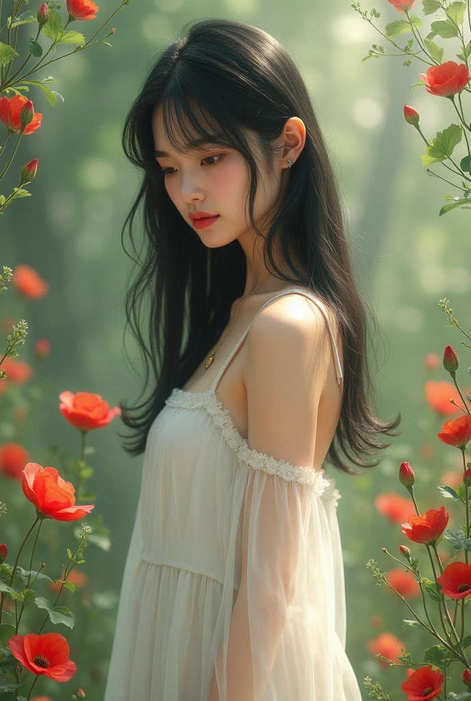Woman with straight black hair does not show her breasts in a white dress with red flower scenery
