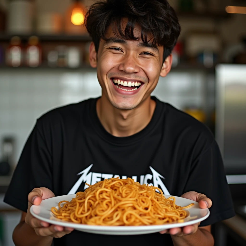 Original photo. Indonesian young man wearing a black Metallica t-shirt. laughing expression while showing a plate of fried noodles to the camera. kitchen atmosphere. Ultra-realistic 8K photo, taken with Leica Q2, strong color contrast and sharp clarity --ar 9:16 --quality 2 --