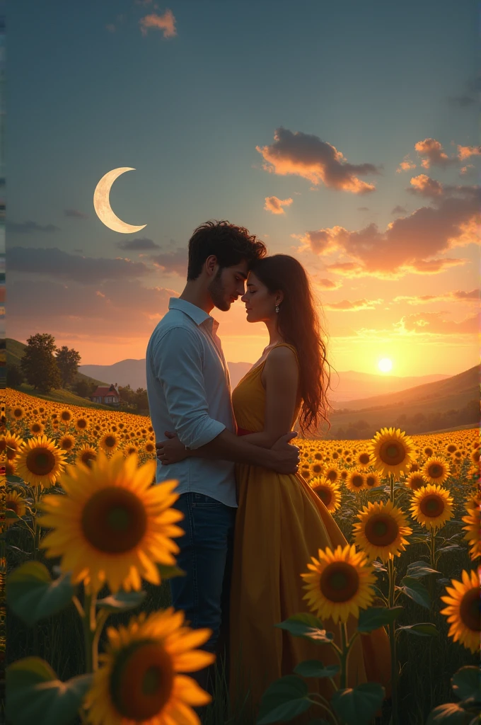 Give me a picture of a couple with sunflowers moon, and that they are together 