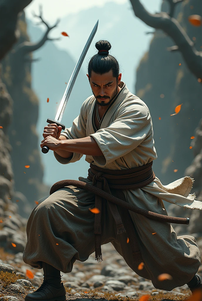 Create an image of a Japanese man with his katana battle that looks very real