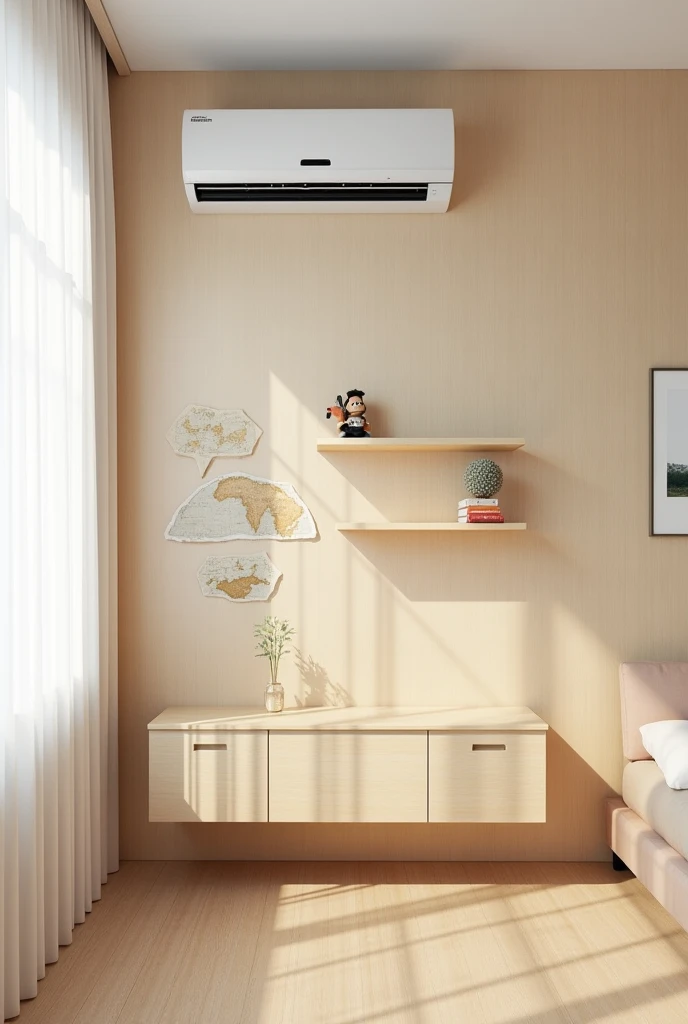 Entire wall covered in blond MDF José, nailed to this wall at the top, right in the middle, near the ceiling, there is the air conditioning, under the air conditioning, right in the middle, there is a small world map and under the world map there are 3 shelves with lighting, under the shelves there is a sideboard cabinet. Next to the wall a window with a white curtain.