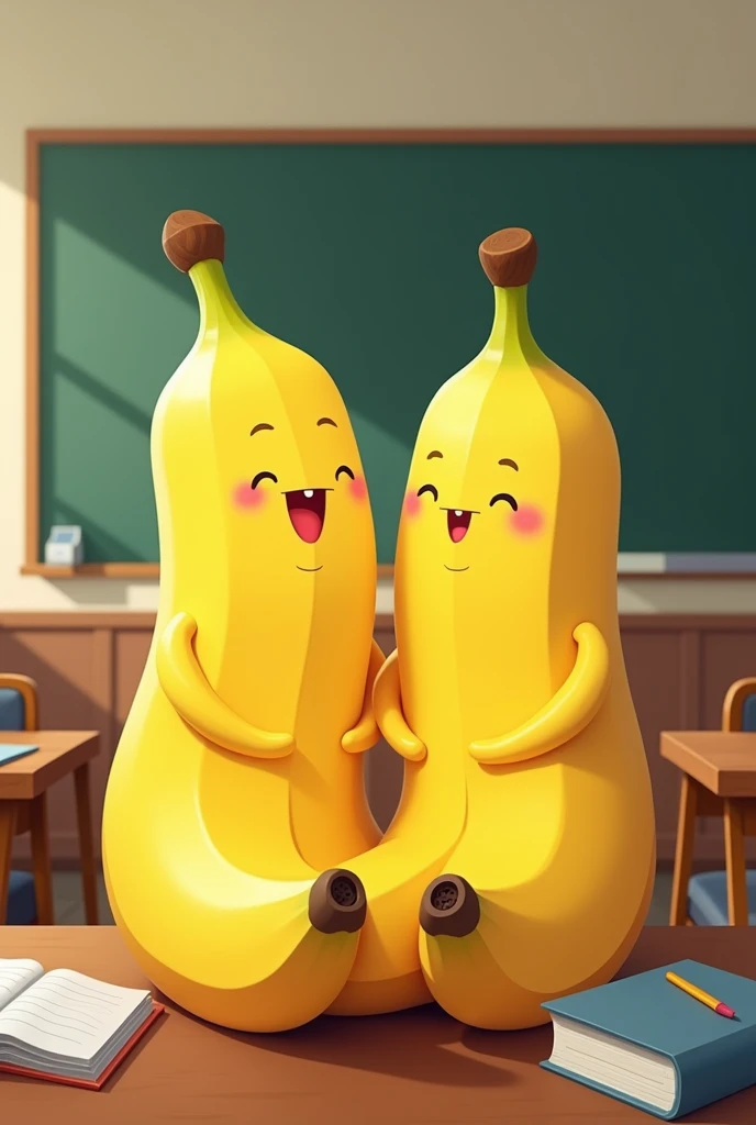 Two bananas students seeing each other sitting in class room background is with boards,sheets and other chairs. Make horizontal