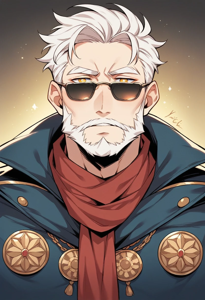 (Masterpiece artwork), best qualityer, expressive eyes, face perfect, White-haired Man, with the appearance of someone young, tall, half-cropped beard, their sclerae are black and the irises are yellow, your pupils are shaped like an omega symbol, your skin is slightly dark in color, but even clearer, the body has the normal appearance of an adult, the clothes are a coat, a scarf and simple pants, with shades of white and gray in a more medieval style, the viewing angle is seen from the front and we see the entire body, in a place that looks like a medieval laboratory