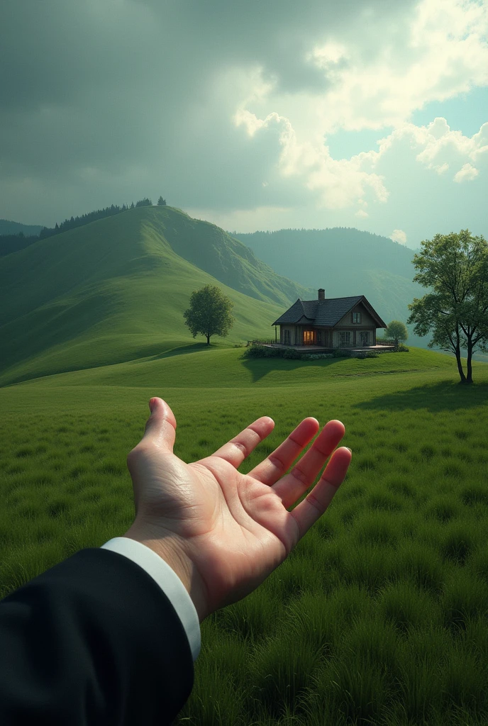 (photorealism:1.2), hand pointing at a house from afar, hyperrealistic, detailed landscape, dramatic lighting, rolling hills, scattered trees, long shadows, overcast sky, vibrant colors, realistic textures, 4k, high resolution, professional photography