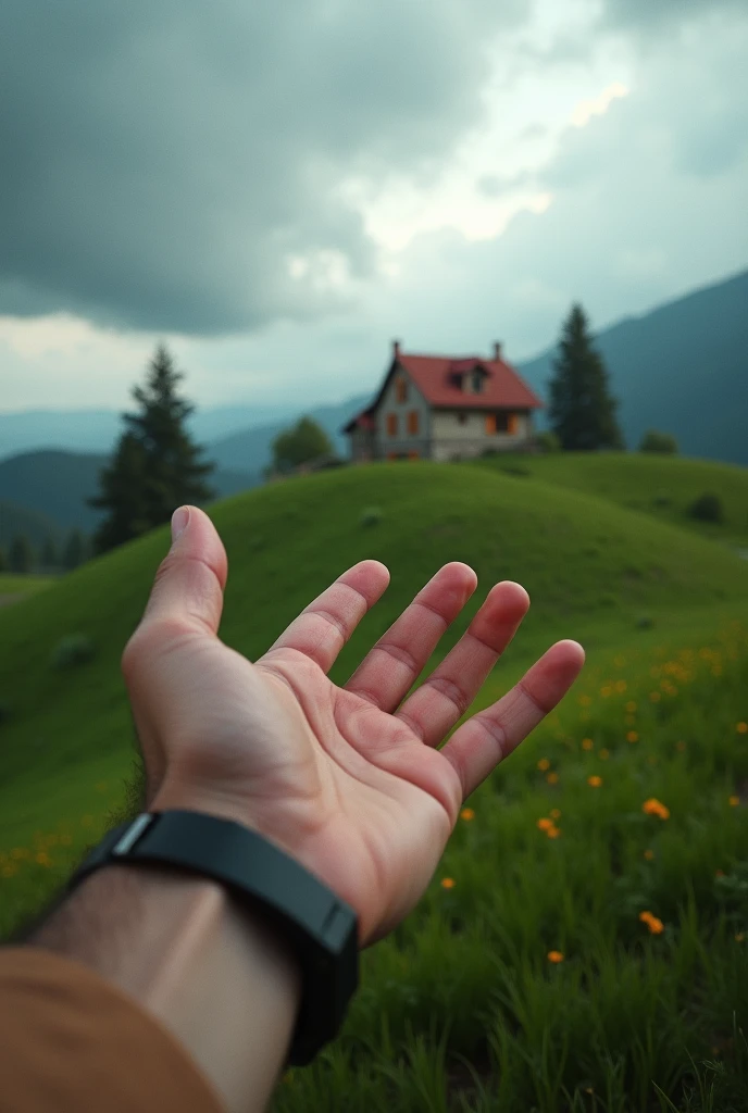 (photorealism:1.2), hand pointing at a house from afar, hyperrealistic, detailed landscape, dramatic lighting, rolling hills, scattered trees, long shadows, overcast sky, vibrant colors, realistic textures, 4k, high resolution, professional photography