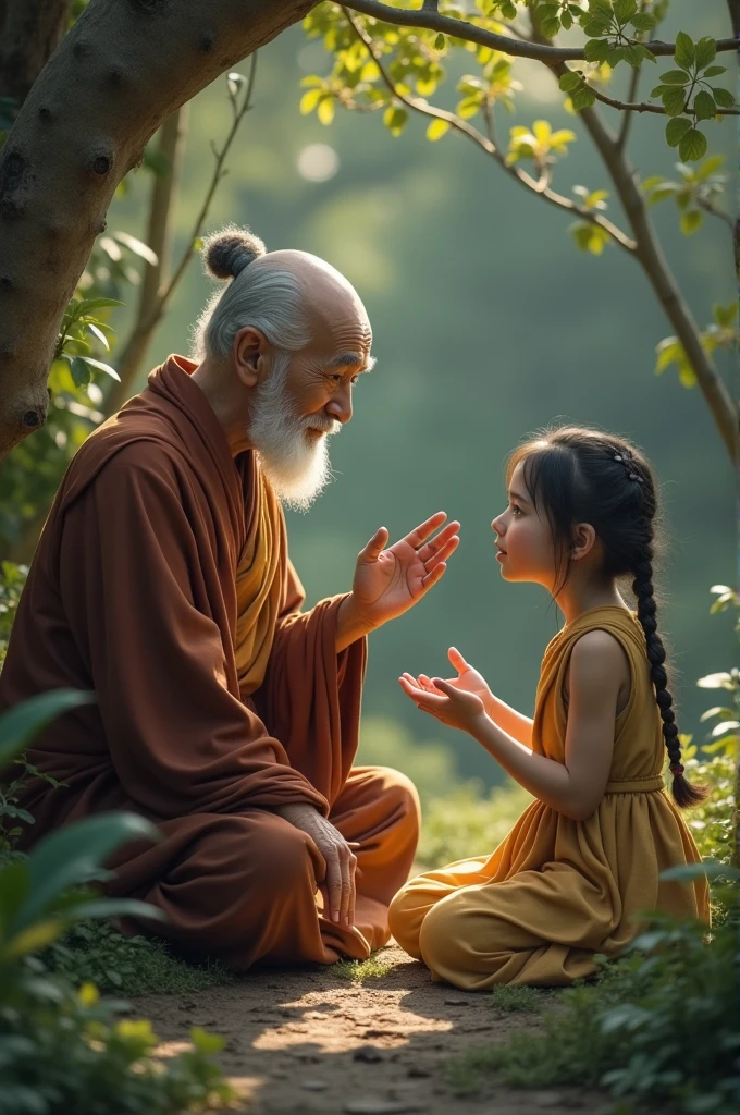 Buddhist monk, a girl looking suffering