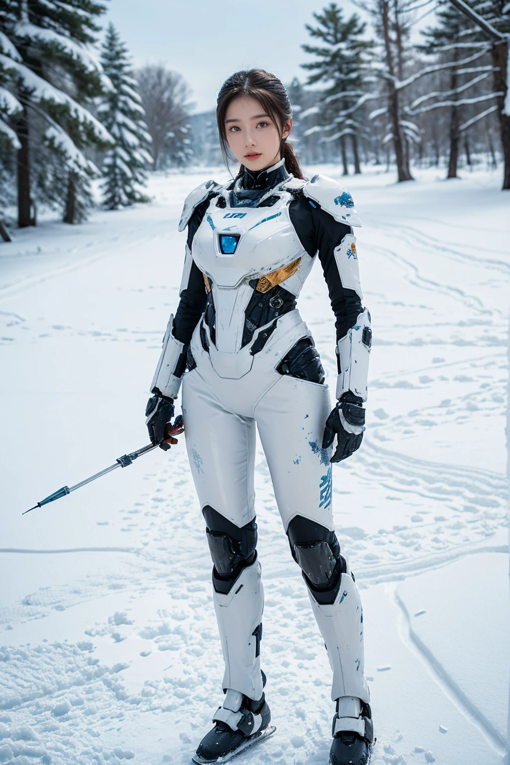 1 girl, Lovely, Ice and Snow World, alone, skinny, wind, Mecha suit, whole body, pretty face, Decorated with intricate patterns and delicate lines, Mecha suit,