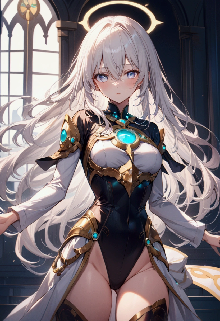 Anime girl with long straight white hair,aether eyes, detailed body, detailed eyes, masterpiece, best quality, aesthetic, standard pose