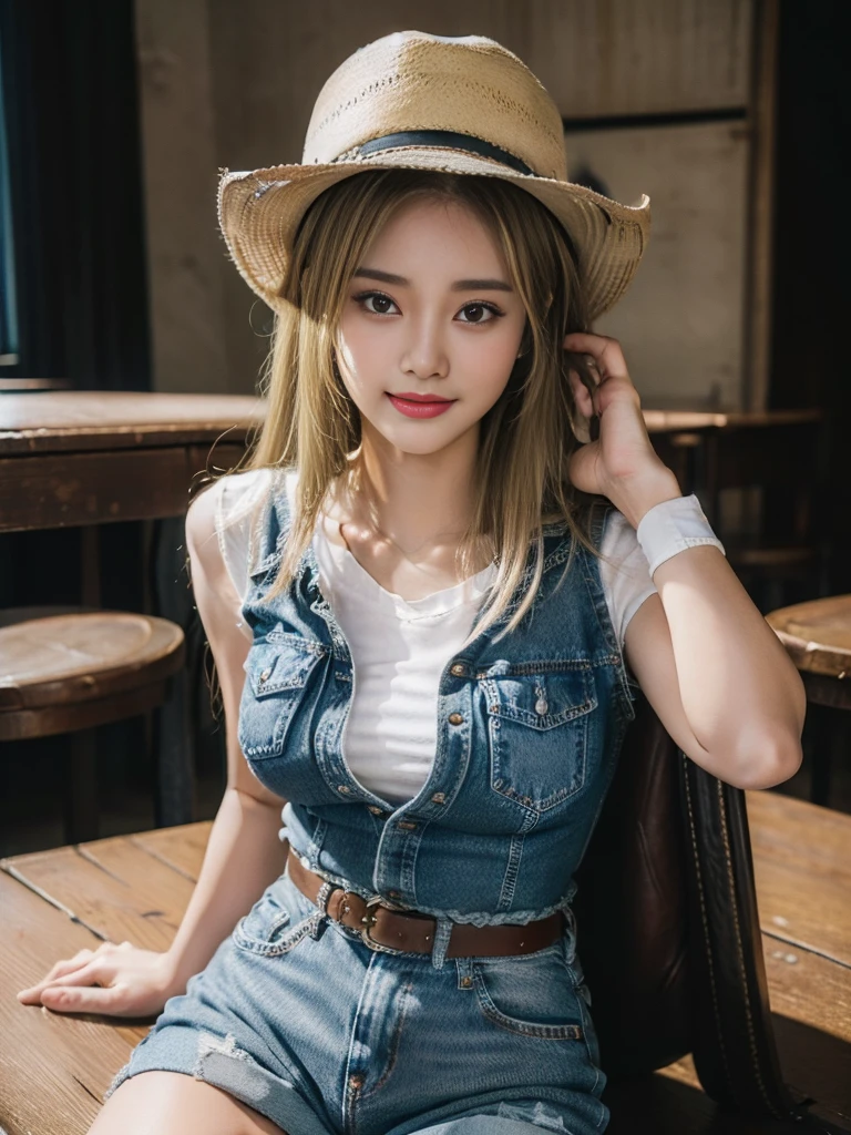 (((Cowgirl outfit))),(((Wear low-waisted denim shorts and long Western boots.))),(((Sit down and kneel down.))),(((Wear a western hat.))),(((wearing leather belt))),(((He wore a leather vest and a plaid shirt in the front.))),(((showความแตกแยก))),(((ต้นขาด้านในbare))),(((bareอกข้าง))),(((Her hair is blonde.))),Ulzzang -6500-v1.1, (raw photos:1.2), (Take realistic photos:1.4), Beautiful girl with details, ดวงตาและใบหน้าที่มีรายVery detailed, Beautifully detailed eyes, Very detailed, high resolution, Highest quality, Masterpiece, Highly detailed, 8K wallpaper, amazing, exquisite details, Highest quality, light on face,movie light,1 girl comes in,(Fort Worth Stockyards Cowtown Coliseum),beautiful eyes,smile,opening the mouth,bare ,show