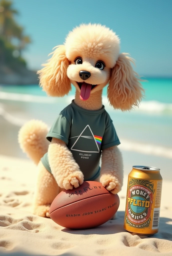 Image of a poodle dog on the beach wearing a pink floyd t-shirt, playing with a rugby ball and a beer on the side