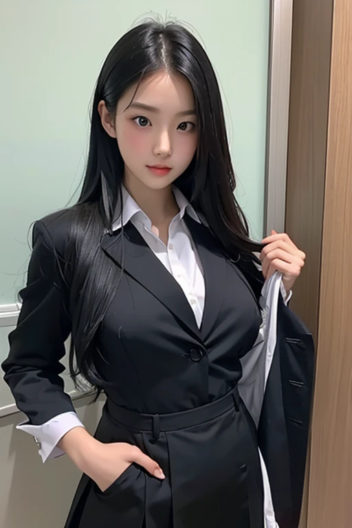 Asian、model、Black Hair、Long Hair、Big Breasts、Topless、school uniform、School、A woman lifting her clothes to reveal her breasts
