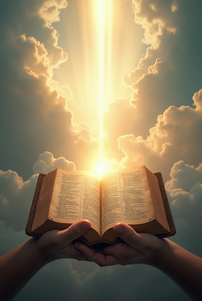 hands with open bible heavenly landscape