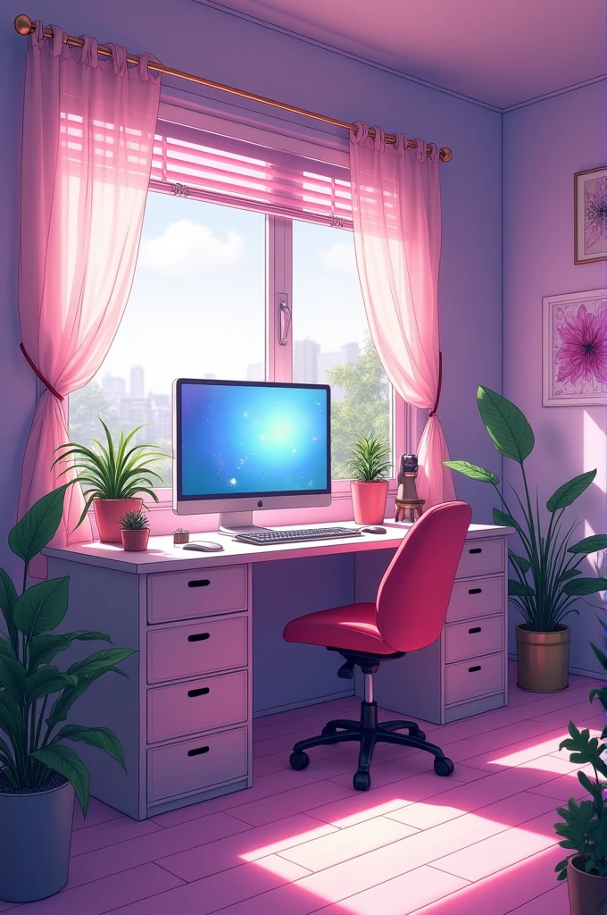 ((best quality)), ((masterpiece)), (detailed), cute empty female gamer room, anime styling, in shades of pink and purple,with several plants scattered around.