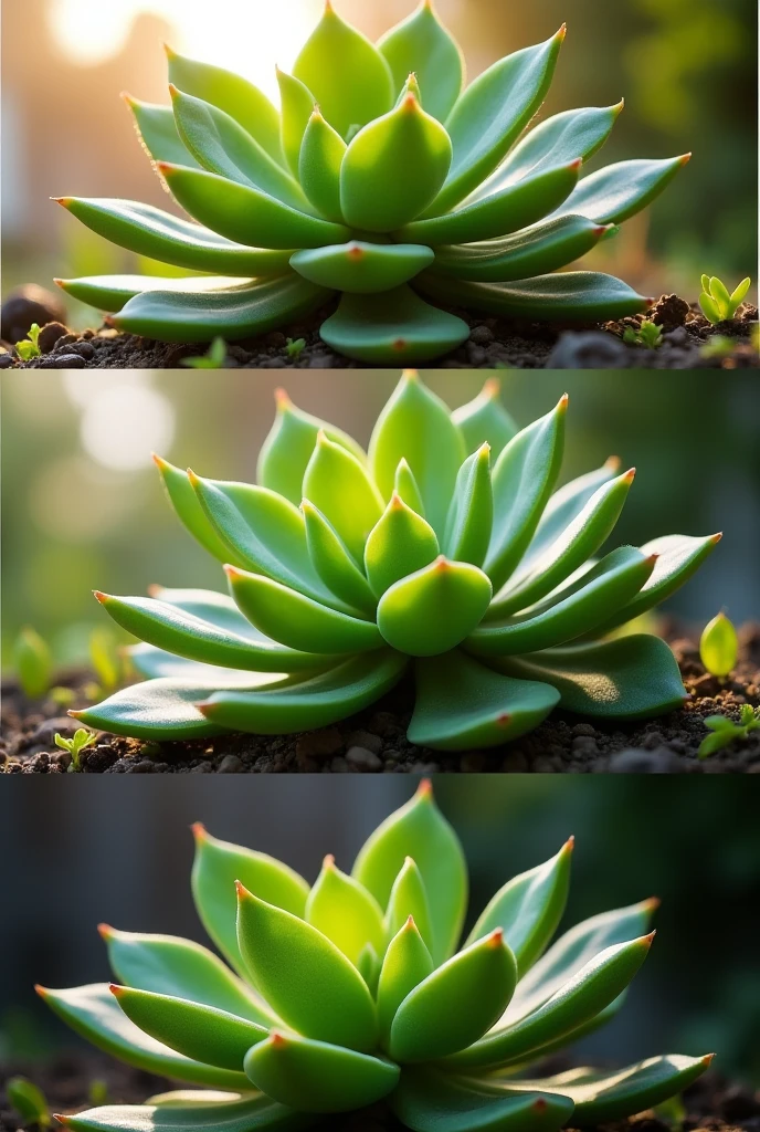 Show me the same plant in these 3 different situations:  full sunlight, partial shade, artificial light, How much does each one measure and specify which one it is.