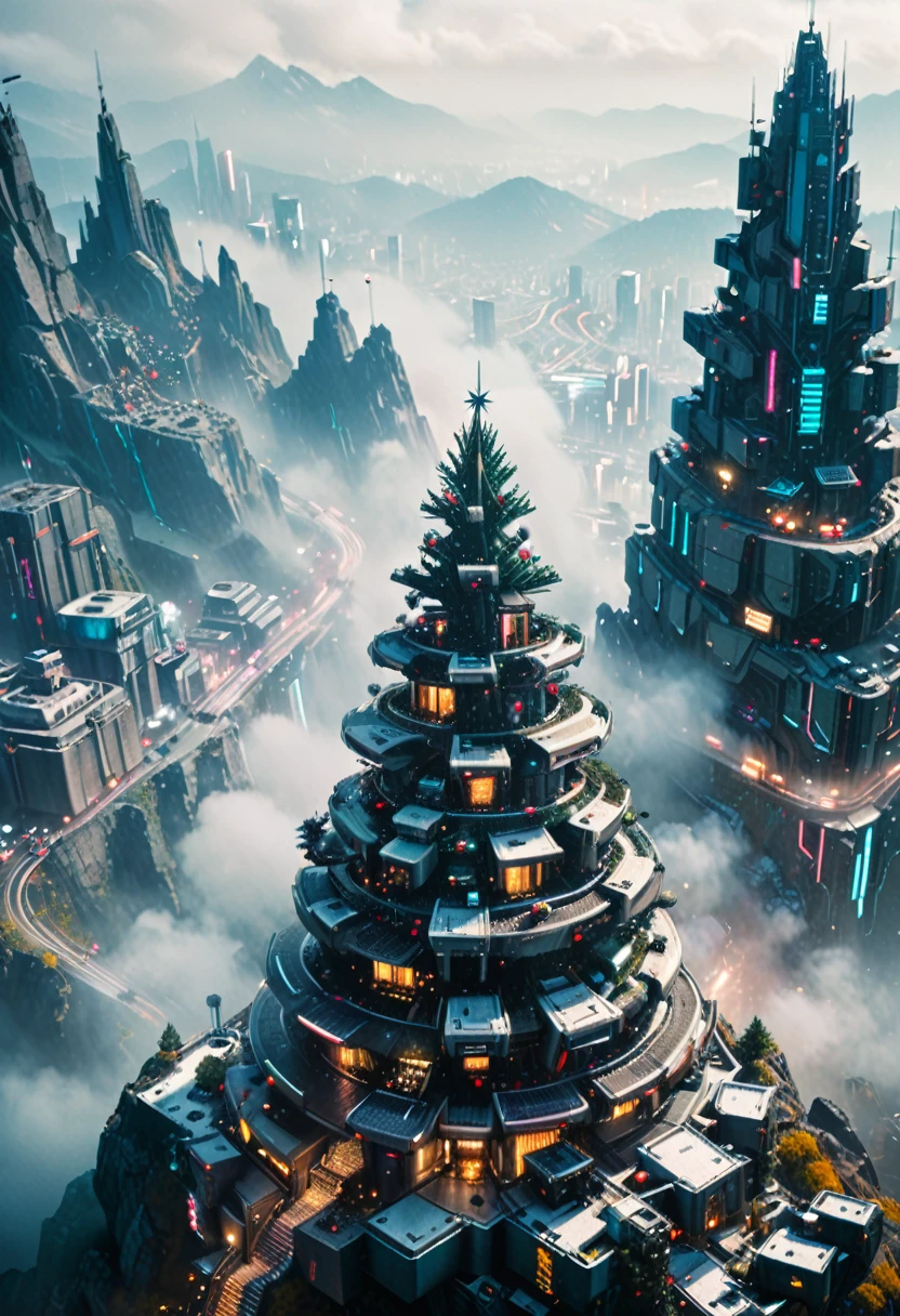 abstract colors, texture, film grain, skin pores:0.2 (tilt shift photography)1.2, intricate dramatic portrait of a beautiful (windblown)1.2 scifi steampunk (medieval fantasy magical christmas tree)1.2 on top of a rocky mountain overlooking a futuristic (solarpunk)1.2 city, foggy morning, cinematic movie still frame, blade runner 2049, punk hair style, altered carbon, (analog style)1.3 (film grain)1.3, (best quality, high quality, absurdres, intricate detail, masterpiece, cinematic), highly detailed, motion blur, film grain, noise, lens effects,