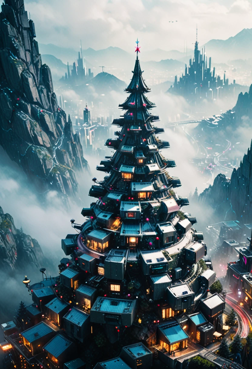 abstract colors, texture, film grain, skin pores:0.2 (tilt shift photography)1.2, intricate dramatic portrait of a beautiful (windblown)1.2 scifi steampunk (medieval fantasy magical christmas tree)1.2 on top of a rocky mountain overlooking a futuristic (solarpunk)1.2 city, foggy morning, cinematic movie still frame, blade runner 2049, punk hair style, altered carbon, (analog style)1.3 (film grain)1.3, (best quality, high quality, absurdres, intricate detail, masterpiece, cinematic), highly detailed, motion blur, film grain, noise, lens effects,