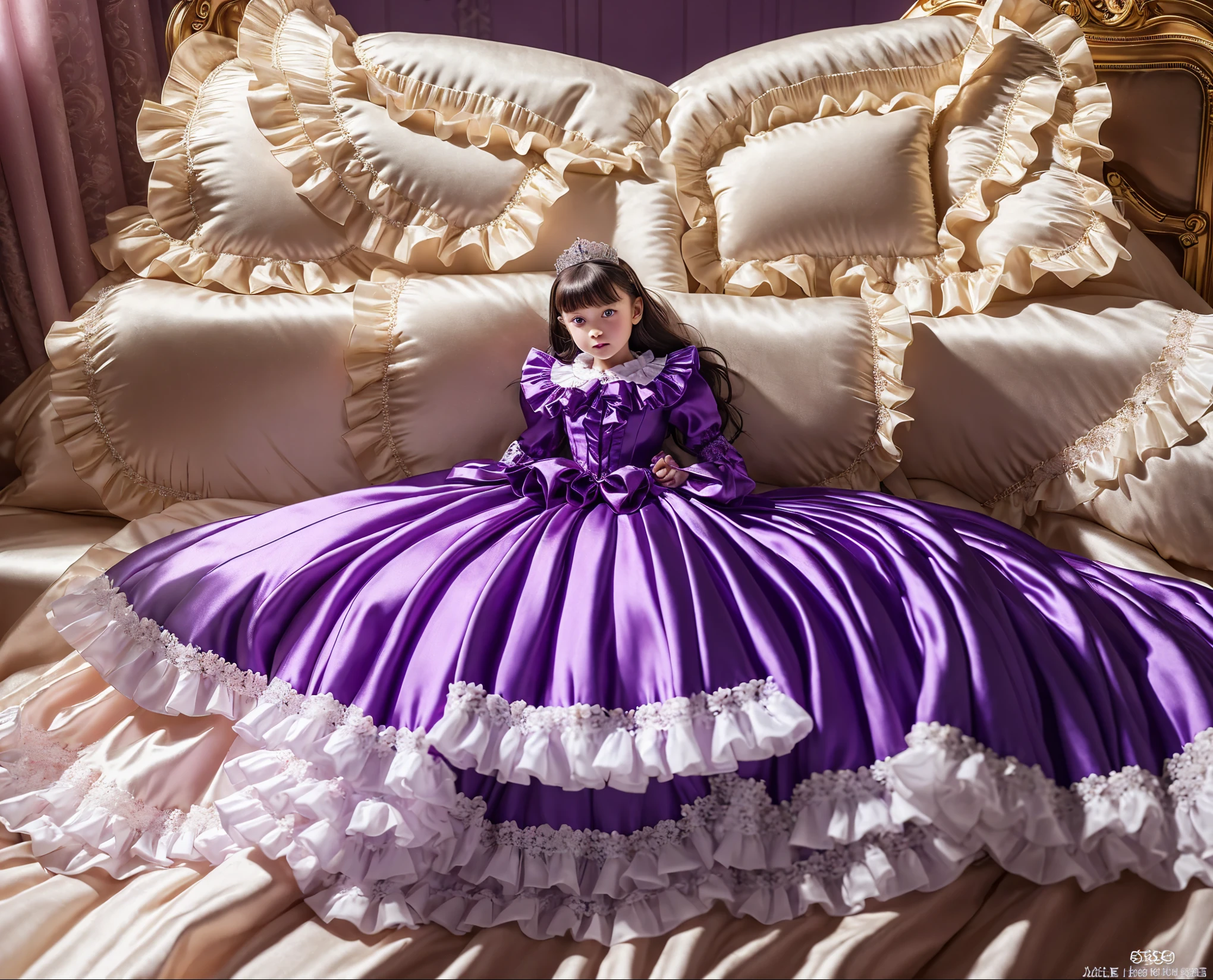 ,Highest quality, masterpiece, Highest Resolution, artwork, super それにGet used to it, many Get used to it, Get used to it, それにGet used to it, 3K realistic photo,,((10-year-old European girl)),Super detailed baby face,Both are princesses,detailed luxury tiara,Full-length ball gown dress with hoop skirt,Frilled yoke collar,Fine braided ribbons on the chest,Puff sleeves,Long sleeve,((Purple princess satin dress in a retro style、Lots of frills and ribbons。)),crazy'Colorful Fashion,Glossy silk satin dress,Soft and smooth silk satin fabric,luxury,Very long blonde hair,blue eyes,White skin European,pajamas,((Inside the palace)),Princesses dancing happily,Gorgeous flowing dress,Fine white ruffles and lace,Super long hair that is as long as her body,White long socks,Drawers full of frills,Bedroom in a night castle,Super long flowing hair,On the purple bed,On a luxurious canopy bed,On a huge wide bed,Purple pillow with lots of frills,Pink silk satin curtains with luxurious ruffles and ribbons surround the bed.,Princess sitting on bed,Pillows piled up behind the princess,Long hair scattered like a fan ベッドの上で,(((Both legs are completely hidden in the dress))),((((Round futon)))),((((A large futon with frills covering the entire bed)))),Detailed comforter,Detailed bed sheets,lie on the bed,Leaning against a mountain of pillows,