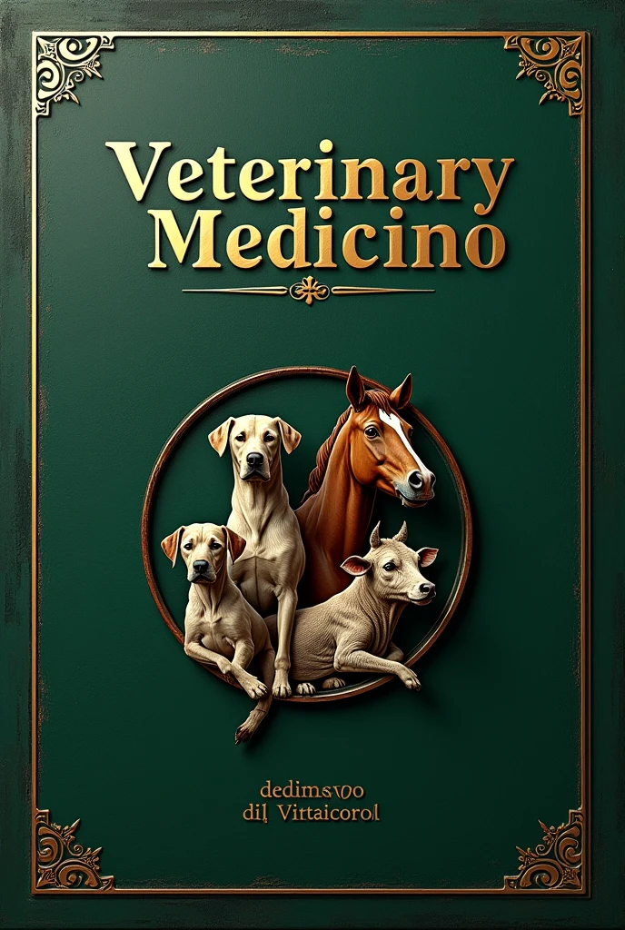 Album cover with plain green and black background, classic style, written in gold Veterinary Medicine in Portuguese, with image below of Dog, catboy, horse and cow in relief