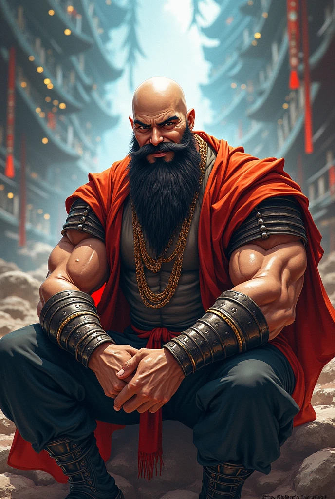 Help me make the image of a bald and bearded warrior, sitting in anime and I want it to turn heads and have a smile on my face while I glare
