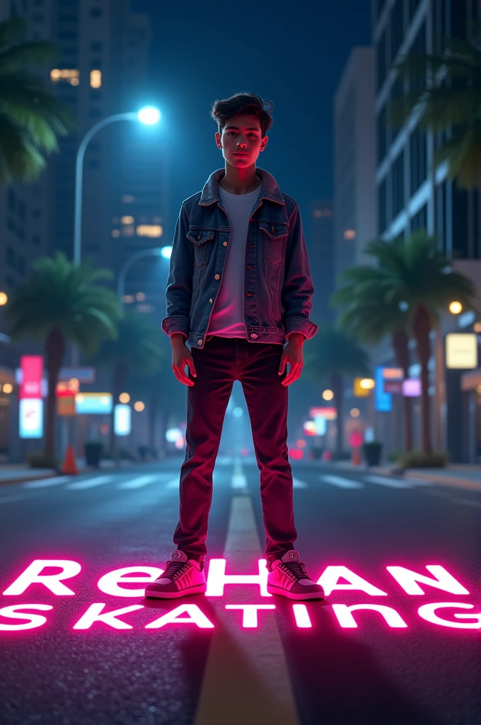 A stylish 17-year-old boy is standing on a city street at night. He is wearing a sleek pair of skating shoes, and the street around him is dimly lit by streetlights. The boy has a confident posture, with a cool and modern style. The road in front of him has the words "REHAN SKATING" written in bold, colorful, and vibrant letters, illuminated with a glowing effect, making the text stand out in the night. The cityscape in the background is slightly blurred, emphasizing the boy and the neon-lit words on the road.