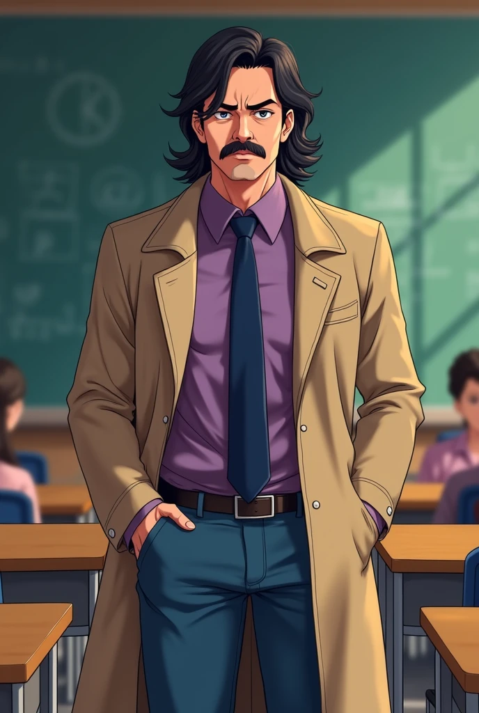 Create a male teacher in his mid 40s, having long dark hair, a mustache and really tired expression, wearing trench coat, a purple button up shirt, navy blue tie and jeans pants (Anime styled image)