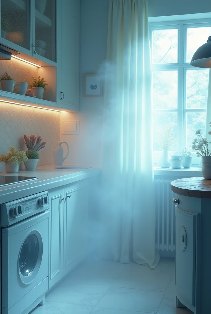 a white dreamy kitchen, foggy, soft focus, cool lighting, muted pastel colors, glowing atmosphere, dramatic shadows, cinematic composition, dream-like quality, ethereal, romantic, soft focus photography, blue hour, midnight, windy, silver white marble, whimsical, hazy, ethereal