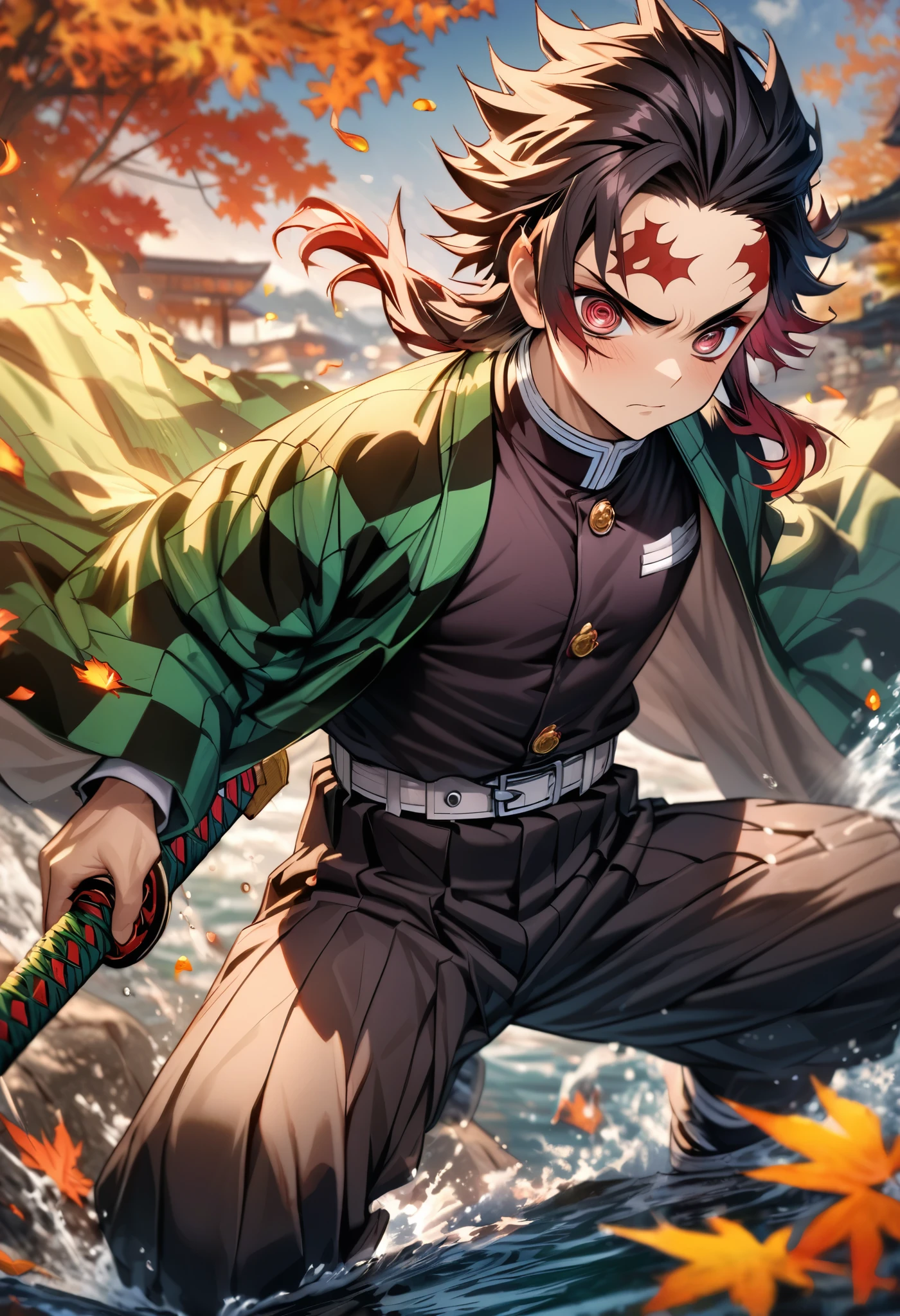 Ultra detailed, highres, absurdres, HDR, master piece, Kamado Tanjirou, ruffled black hair with burgundy tips, expressive dark red eyes, Kimetsu No Yaiba, water, autumn, petals, orange and yellow leaves, sexy man, solo, handsome, demon slayer uniform, green haori, best quality, red mark on his forehead, holding katana, fire katana, fight, epic