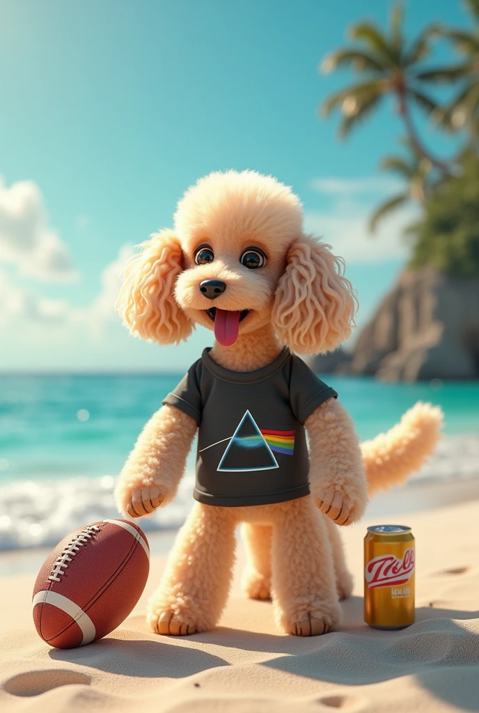 Image of a poodle dog on the beach wearing a pink floyd t-shirt, playing with a rugby ball and a beer on the side