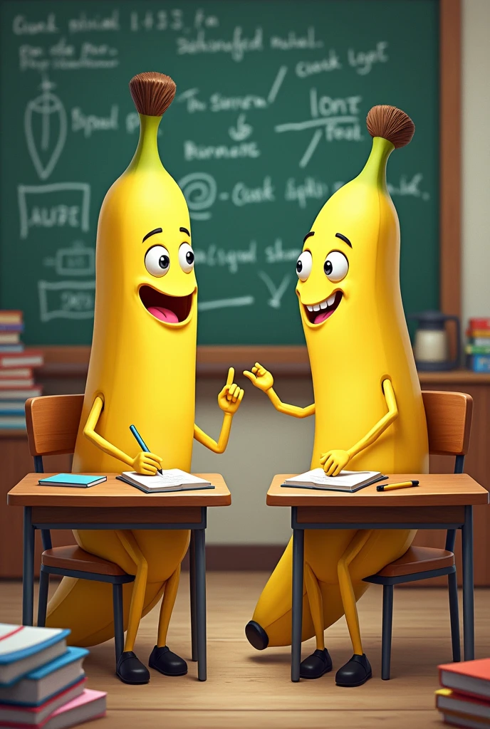 Two bananas students seeing each other sitting in class room background is with boards,sheets and other chairs