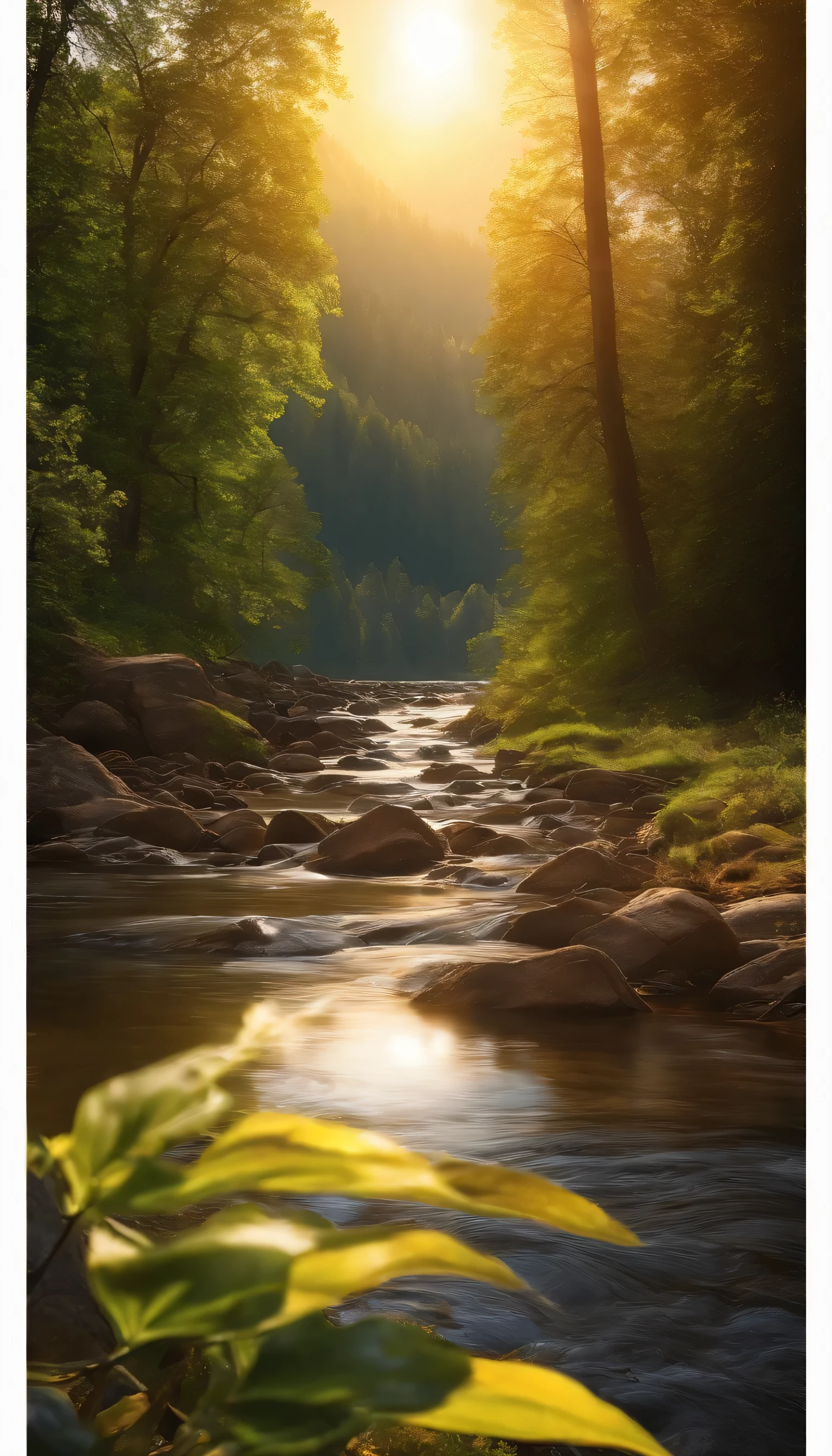 A realistic nature view with glowing tree leafs in the sun abd eye catching sun rays tearing between trees and reflective river running beside a large field and mountains far away in 4k resolution