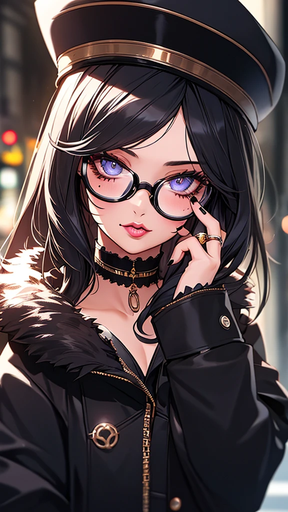 1girl, extremely detailed eyes and face, long eyelashes, beautiful detailed lips, beautiful detailed eyes, close-up, piercing, fur trim, ring, choker, black hair, ear piercing, nose piercing, jacket, lip piercing, black nails, round eyewear, eyebrow piercing, adjusting eyewear, blurry, upper body, looking at viewer, blurry background, mole, hat, fur-trimmed jacket, black jacket, cinematic lighting, photorealistic, 8k, detailed, digital painting, high quality