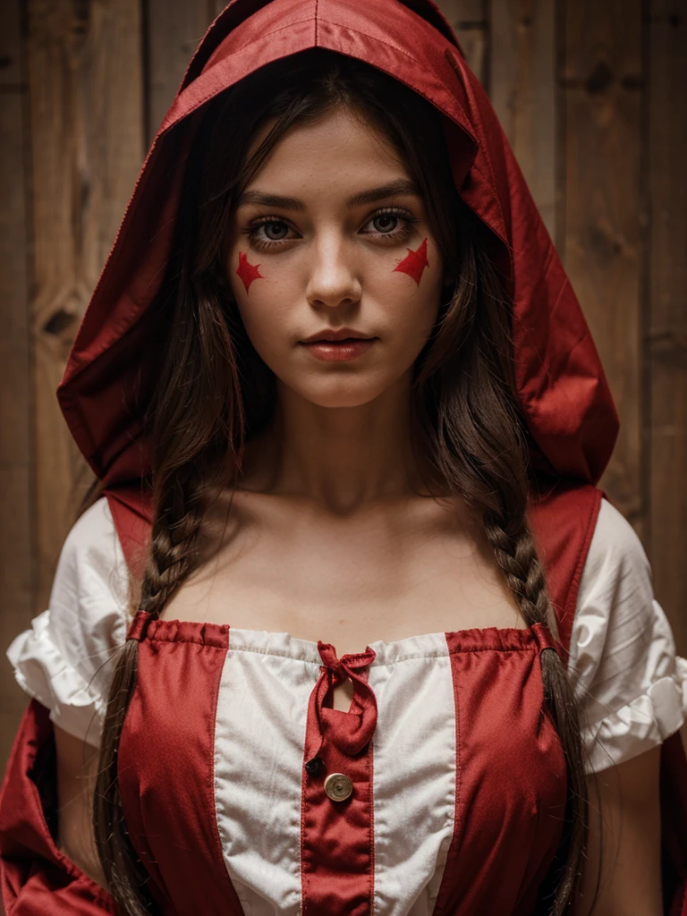 Girl in Little Red Riding Hood costume with a long beard and a red patch on her right eye