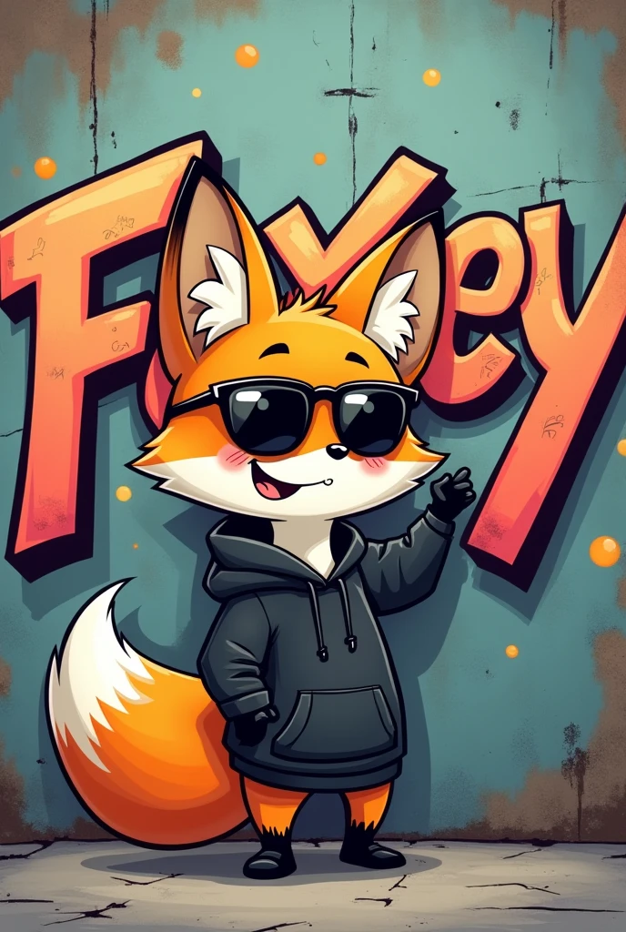 A little cartoon fox wearing a black hoodie and sunglasses doing graffiti that says foxey