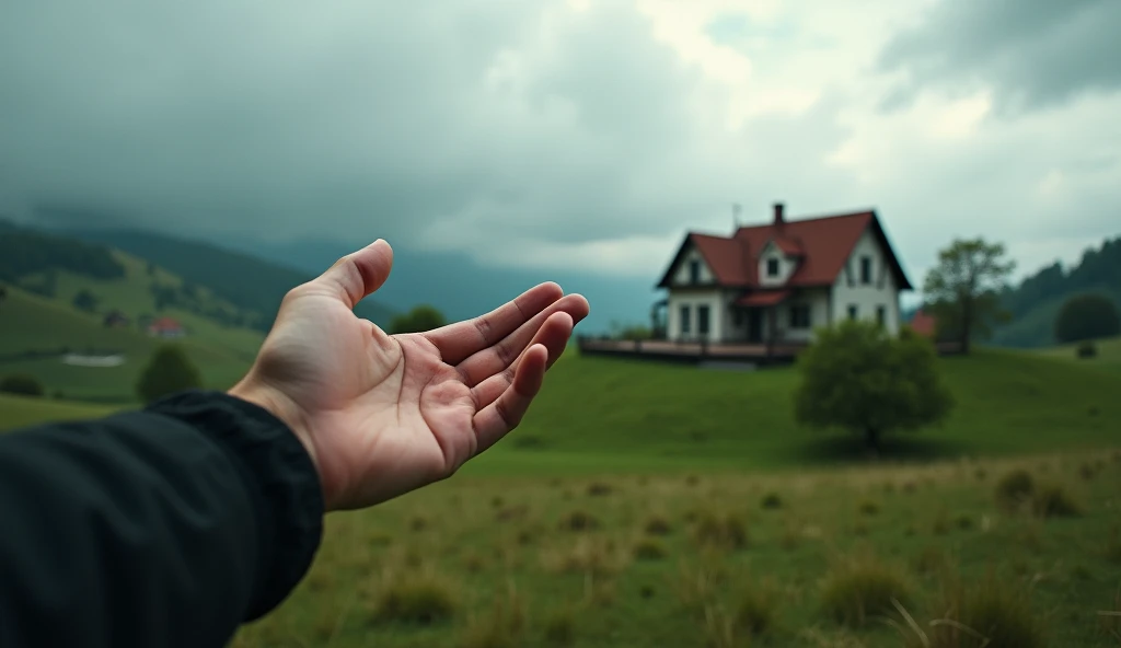 (photorealism:1.2), hand pointing at a house from afar, hyperrealistic, detailed landscape, dramatic lighting, rolling hills, scattered trees, long shadows, overcast sky, vibrant colors, realistic textures, 4k, high resolution, professional photography
