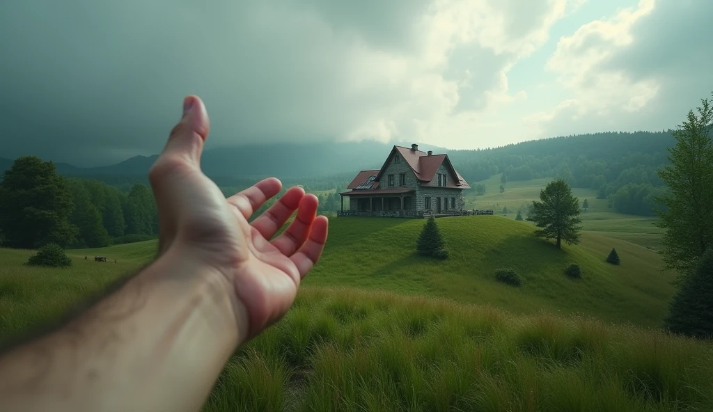 (photorealism:1.2), hand pointing at a house from afar, hyperrealistic, detailed landscape, dramatic lighting, rolling hills, scattered trees, long shadows, overcast sky, vibrant colors, realistic textures, 4k, high resolution, professional photography