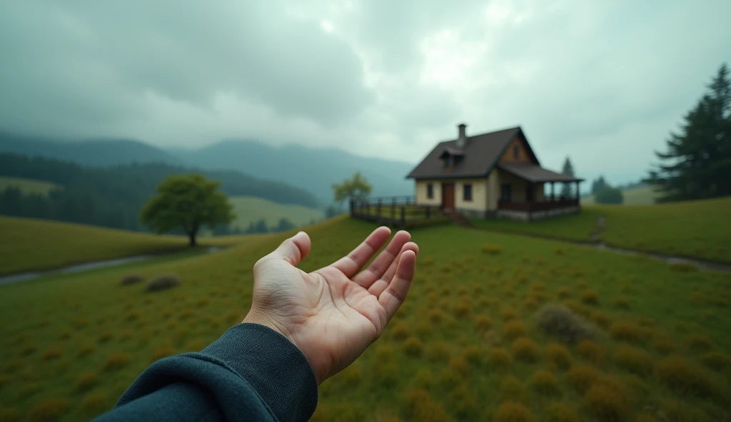 (photorealism:1.2), hand pointing at a house from afar, hyperrealistic, detailed landscape, dramatic lighting, rolling hills, scattered trees, long shadows, overcast sky, vibrant colors, realistic textures, 4k, high resolution, professional photography