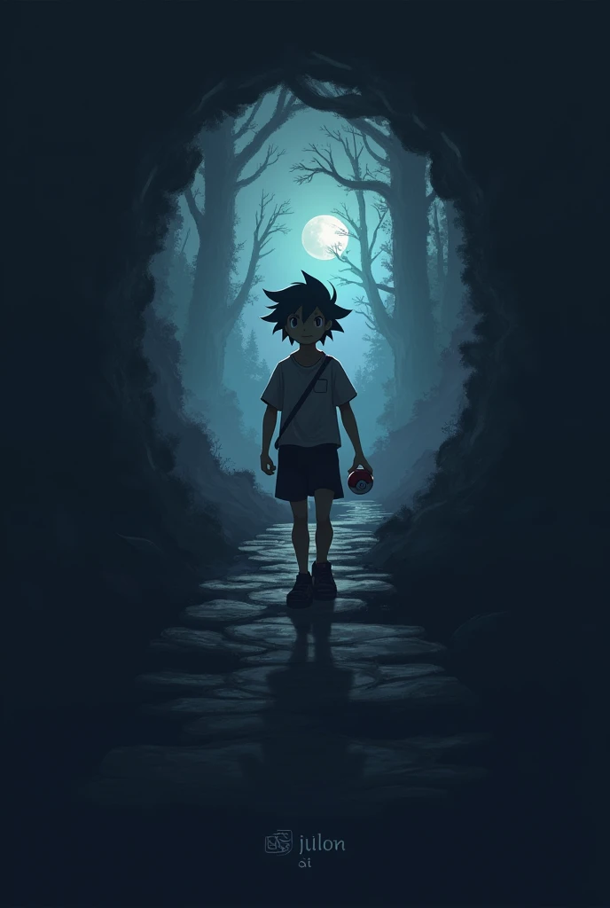 Logo de uma guild com nome Solitude, lonely pokemon trainer in search of his journey, on a dark trail with a pokeball in his hand