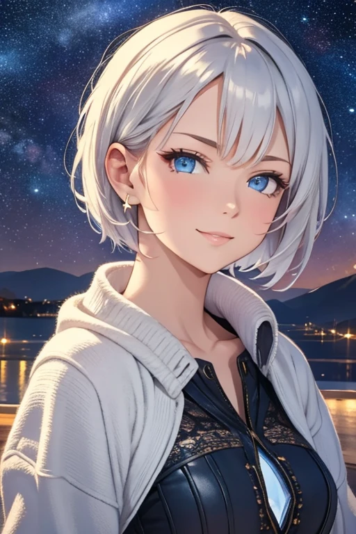 A lady with silvery short hair and blue eyes, Cheeky Smile, Condescending look, Gazing at the viewer, Highly detailed and realistic, masterpiece quality, Very detailed, High resolution, Vibrant colors, Physically Based Rendering, High-definition background, (distance view:1.5), (starry sky:1.3), white sweater, coat