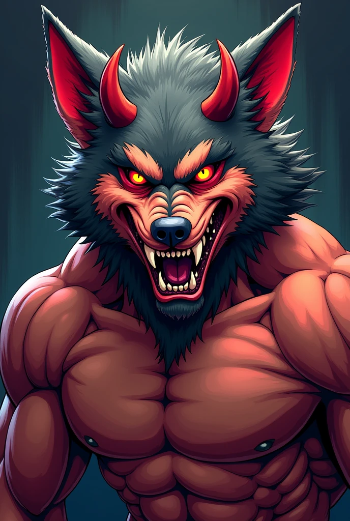 cartoon wolf devil face , shirtless, muscular,