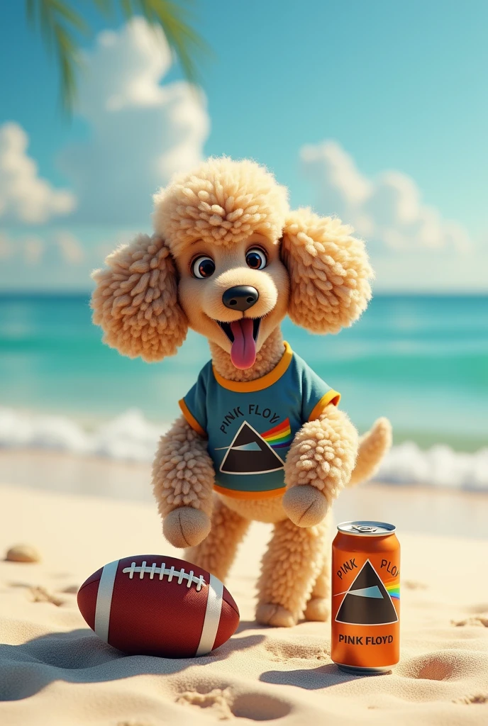 Image of a poodle dog on the beach wearing a pink floyd t-shirt, playing with a rugby ball and a beer on the side