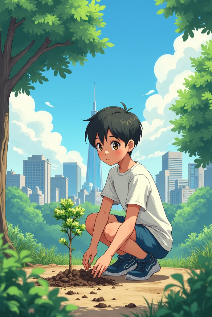 Give me a manga style image related to a good deed related to the environment