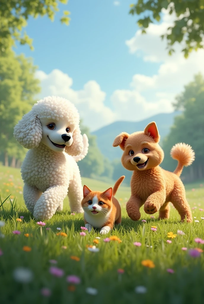 Create two poodle dogs with a mongrel a male and a female female without an eye and a cat playing in a beautiful field Realistic image only a cat