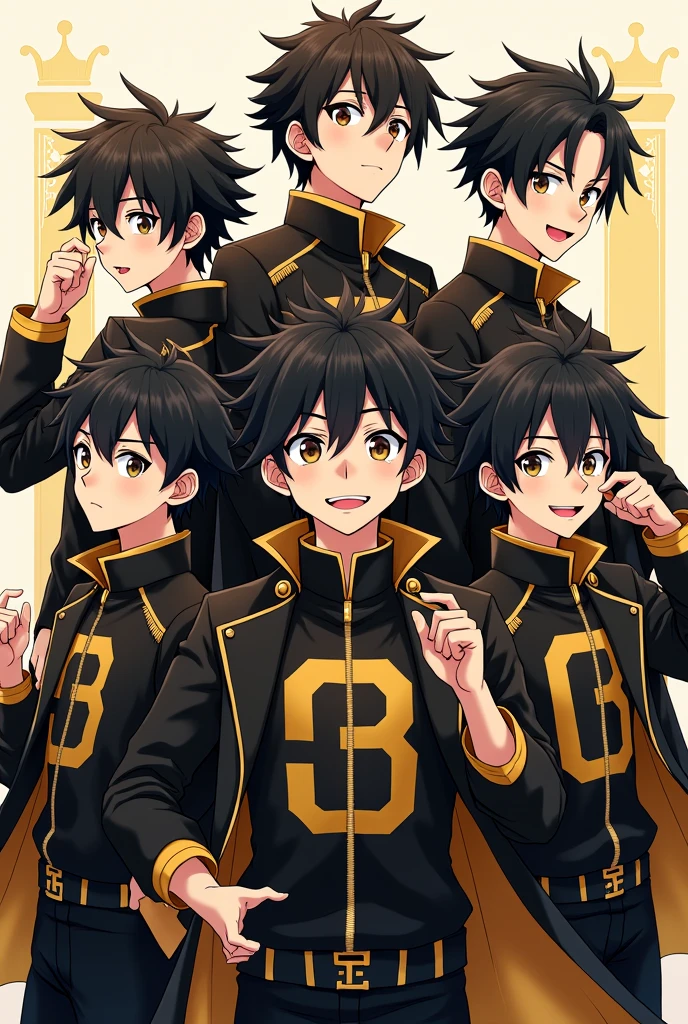 (Anime style) A group of 6 boys wearing black and golden coat G B written on coats