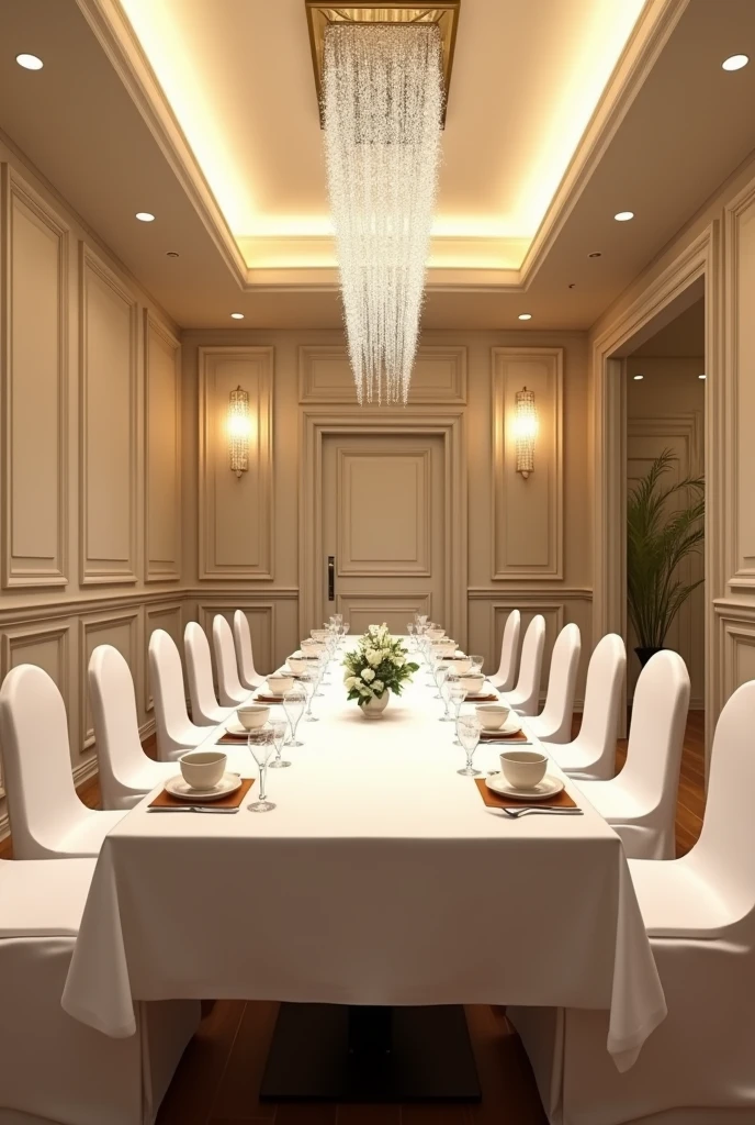 Restaurant tea room, ceilings 3.5 meters, rectangular flat ceiling, on the ceiling a rectangular chandelier made of small crystals, the floor is light brown porcelain stoneware, a long rectangular 6 meter st, white tablecloth, for 40 persons, walls made of decorative panels of light cream color, chairs dressed in white covers, white tea cups on the Table, walls without columns, ceiling with a chandelier without lighting on the sides. Flat ceiling.