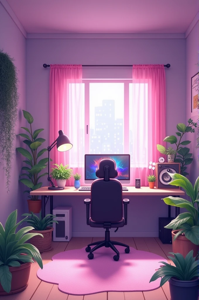 ((best quality)), ((masterpiece)), (detailed), cute empty female gamer room, anime styling, in shades of pink and purple,with several plants scattered around.